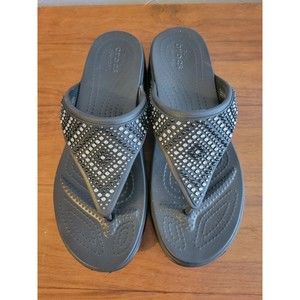 Crocs Flip Flops Sandals Black Wedge Bling Jewel Size 10